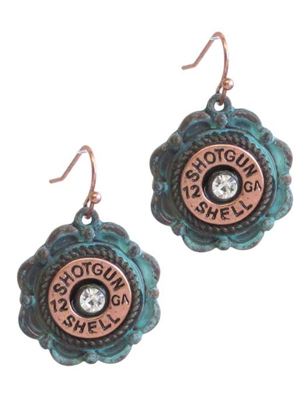 Two Tone Dangle Shotgun Shell Bullet Earrings Crystal Accented Patina Finish